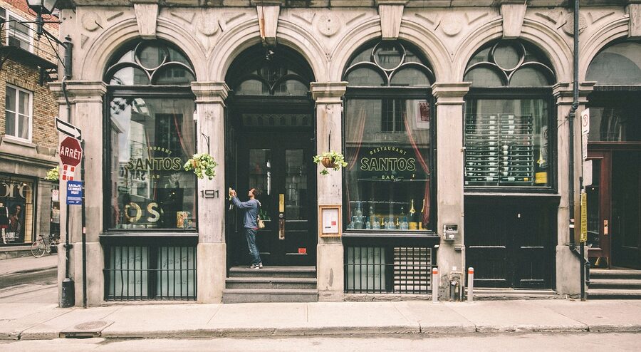 Stone façade of a Montreal restaurant bar in the old town