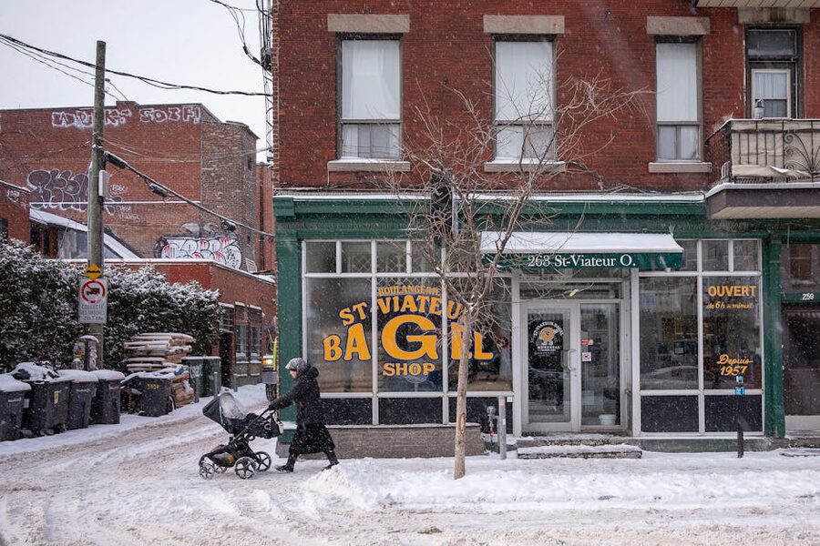 St-Viateur Bagel Shop in Mile End during a Montreal snowfall