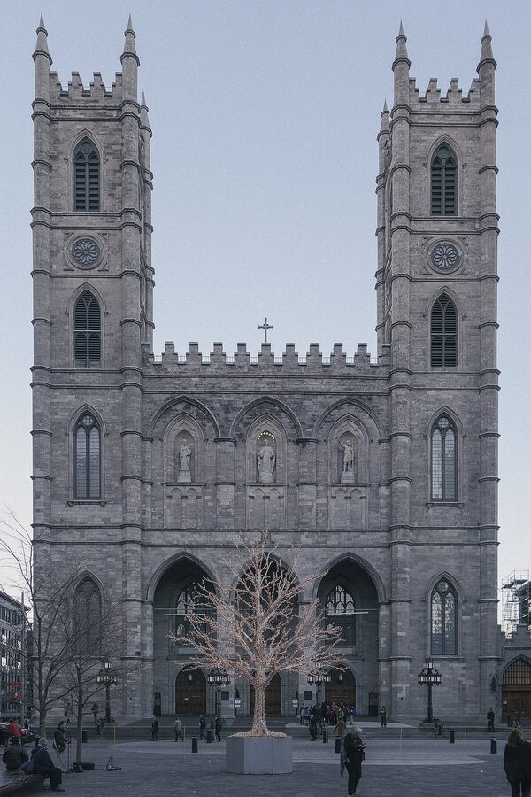 Notre-Dame Basilica twin Gothic Revival towers from Place d'Armes