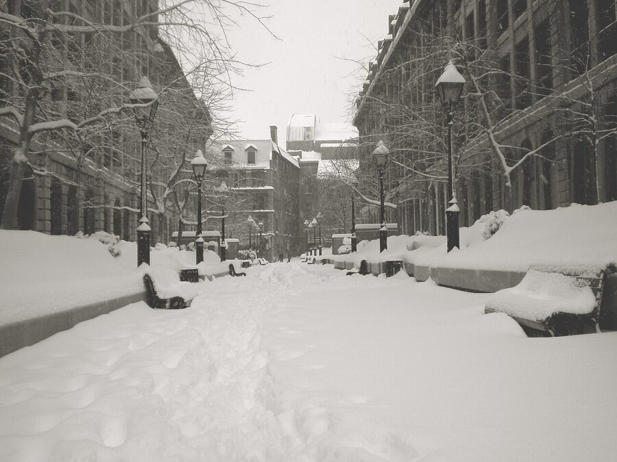 A snowy alley in Old Montreal with snow piled on benches and lamp posts in deep snow